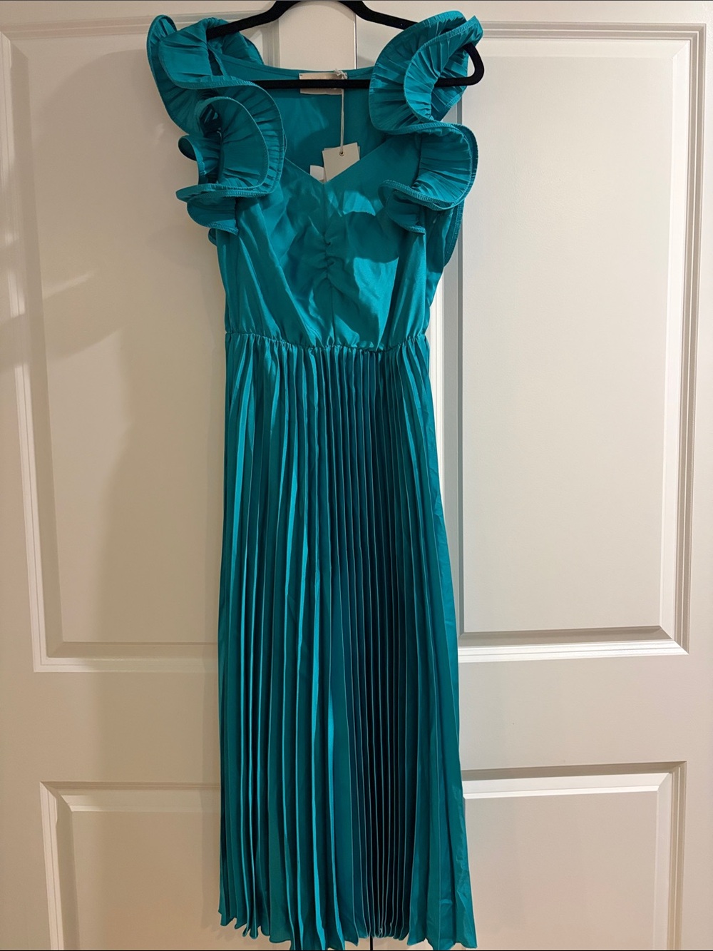 Teal Ruffle Shoulder Pleated Dress